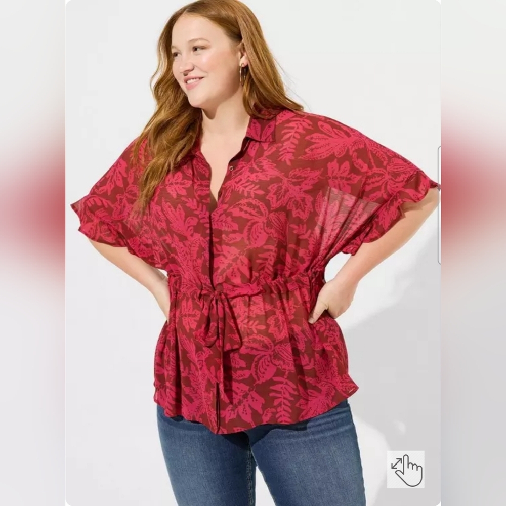 Torid Chiffon Dolman Button Up Short Sleeve Tropical Floral Shirt Size 1